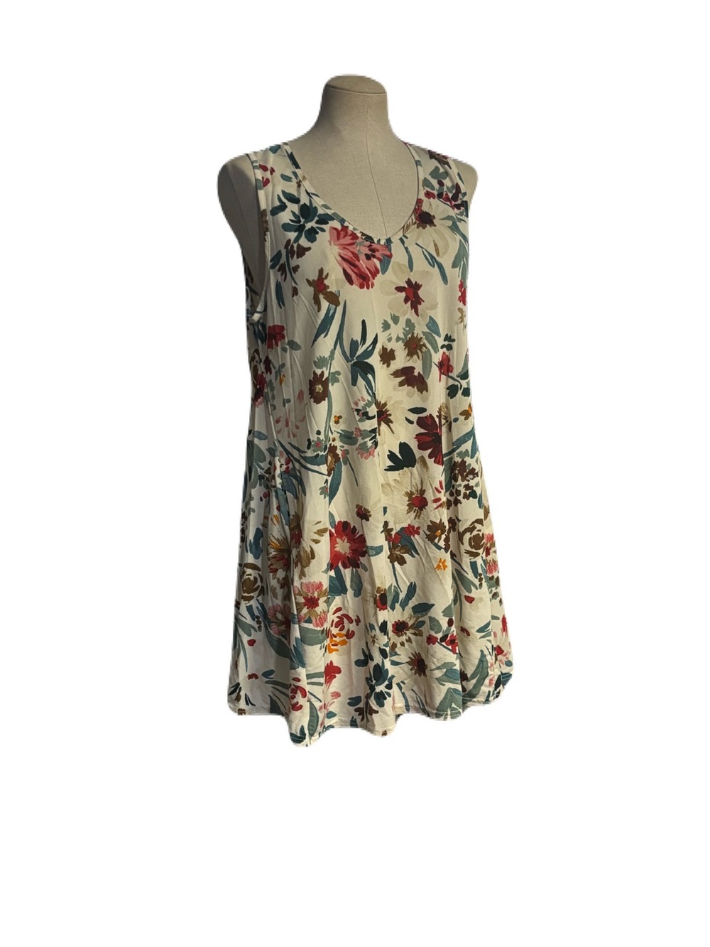 Cream Floral V-Neck Sleeveless Swing Dress